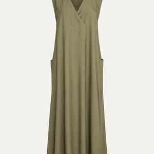 Nine Britton Olive Green Maxi Dress XXL | Minimalist Coastal Linen Look V-Neck